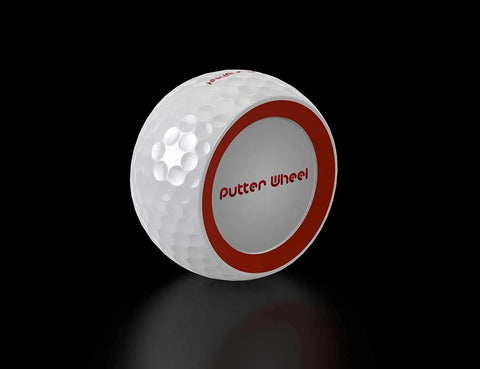 Golf Putting Training Aid With Instant Feedback For Stroke Improvement On Practice Green Or Mat Realistic Ball Feels And Weighs Like A Real Golf Ball Detects Mis Hits And Boosts Accuracy And Confidence. Compact design with dimple texture and red ring on black background.