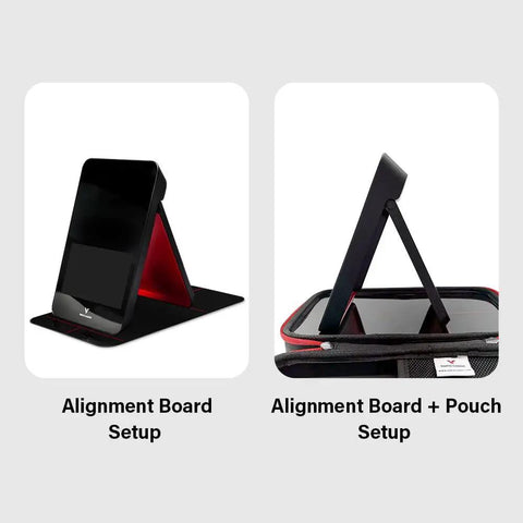SC4 Portable Launch Monitor Pouch With Protective Hard Carry Case showing alignment board setup and pouch setup