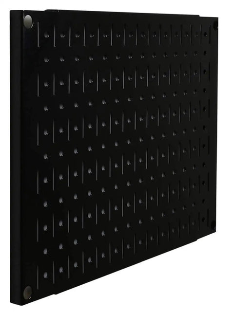Modular Black Pegboard Wall Organizer Tiles Set Four 12 Inch Tall By 16 Inch Wide Metal Pegboard Panels for garage and workshop storage