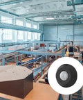 Twist To Lock Motion Sensor For Outdoor Lighting in large warehouse setting, IP66 rated black accessory for luminaires shown in use