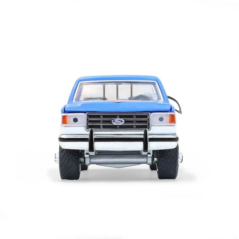 Front view of Ford F-250 XL 1991 Diecast Truck One Sixty Fourth Scale Chevron Emblems Blue Collar Series 14 Replica With Rubber Wheels