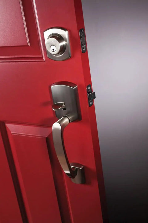 Heavy Duty Matte Black Deadbolt With Greenwich Trim, Keyed Entry, One Side Operation on red door