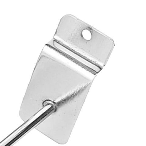 Close-up of Heavy Duty Slatwall Hook from 25-Pack. Chrome stainless steel with 4.2mm arm and 30 degree upturn for secure display.