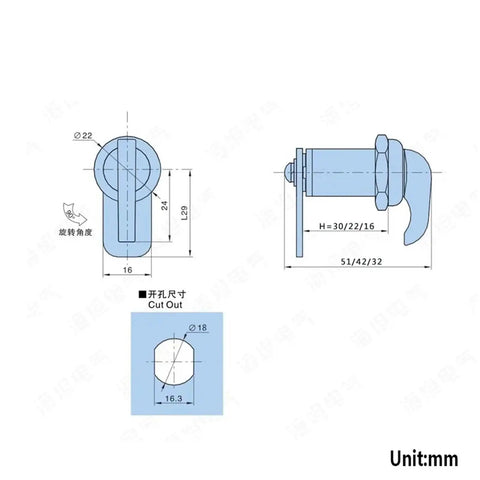 Technical drawing of Keyless Cam Lock For Cabinets Cupboards Lockers Boxes Yacht Car Windows Hardware Easy Install Lightweight 55g No Key Needed Auto Lock Convenience 16mm MMS469 H Rarelock with dimensions
