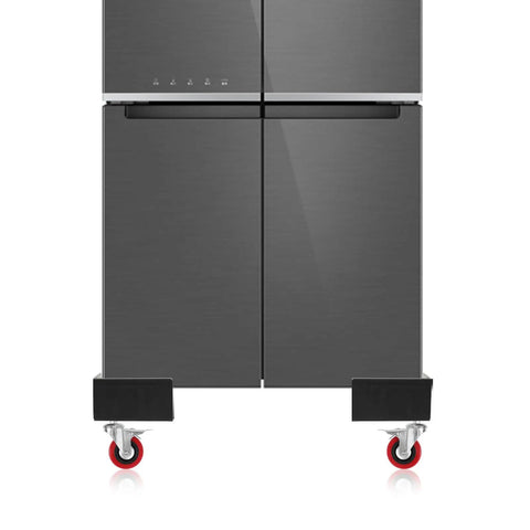 4 Piece Stem Caster Set Featuring Sweet Swivel Threading And Rock Solid Dual Locking Brakes on a refrigerator for smooth movement.