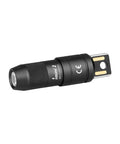 Imini 2 EDC Rechargeable Keychain Flashlight with 50 Lumens Output, compact black mini LED keyring light with magnetic cap and USB rechargeable.