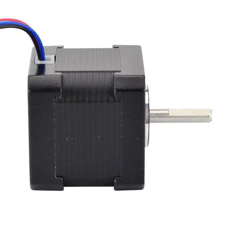 Nema 17 bipolar stepper motor with black housing, exposed shaft, and red/blue wiring (12V 0.4A)