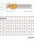 Side view of FanMeqi HSS end mill with TiN coating; gold 4-flute counterbore tool next to blade-diameter spec chart.