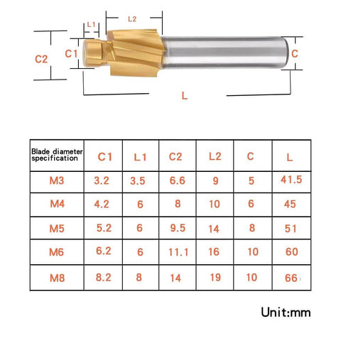 Side view of FanMeqi HSS end mill with TiN coating; gold 4-flute counterbore tool next to blade-diameter spec chart.