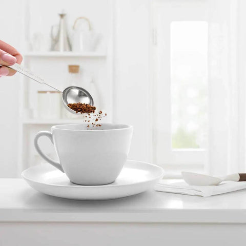 Person using 5 Piece Measuring Spoons Set With 1/8 Tsp 1/4 Tsp 1/2 Tsp 1 Tsp And 1 Tbsp Stainless Steel Food Grade for coffee