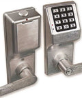 Satin Chrome Trilogy Cylindrical Privacy Lock With Standard Key Bypass And Digital Keypad For Offices, showing keypad and lever handle.
