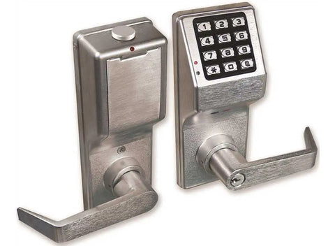 Satin Chrome Trilogy Cylindrical Privacy Lock With Standard Key Bypass And Digital Keypad For Offices, showing keypad and lever handle.