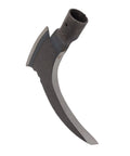 Pro Grade Heavy Duty Double Scythe Garden Tool With Hardened Blade for grass cutting and pruning, close-up of curved sickle blade.