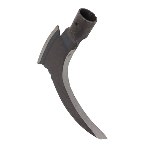 Pro Grade Heavy Duty Double Scythe Garden Tool With Hardened Blade for grass cutting and pruning, close-up of curved sickle blade.