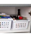 Medium Stacking Baskets Pack Of 6 With White Finish And Titanium Accents under cabinet with pantry items visible