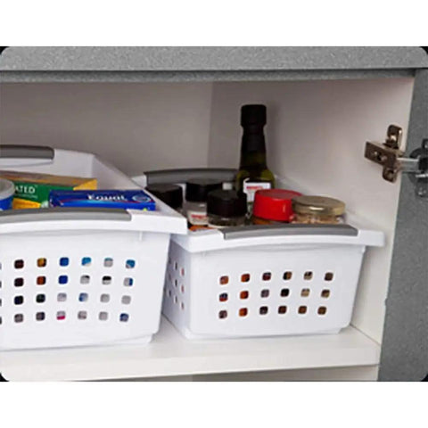 Medium Stacking Baskets Pack Of 6 With White Finish And Titanium Accents under cabinet with pantry items visible