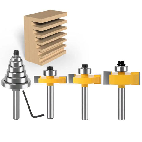 Three Piece Rabbet Router Bit Set With Quarter Inch Shank And Six Interchangeable Bearings for depths from 1/8 to 1/2 inch