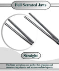 Stainless Steel Hemostat Forceps With Fully Serrated Straight Jaws, Multipurpose Locking Clamps, 10 Inch, Beefy Grip, Heavy Duty, Rust Resistant, Pro Grade Medical Tweezers For Surgical, Lab, And Clinic Use, close-up of straight serrated jaws