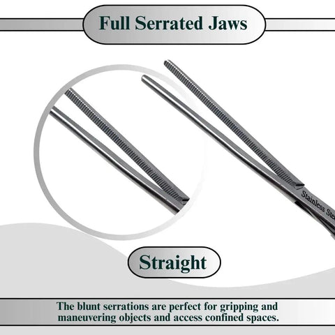 Stainless Steel Hemostat Forceps With Fully Serrated Straight Jaws, Multipurpose Locking Clamps, 10 Inch, Beefy Grip, Heavy Duty, Rust Resistant, Pro Grade Medical Tweezers For Surgical, Lab, And Clinic Use, close-up of straight serrated jaws