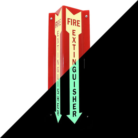 Fire Extinguisher Sign Two-Sided V-Shaped Projecting Wall Sign With Down Arrow 18x4 Inches 120 Mil Glow-In-The-Dark Acrylic