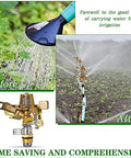 Four Piece 1/2 Inch Heavy Duty Brass Impact Sprinkler Set With Fully Adjustable 360 Degree Rotation spraying water in garden beds.
