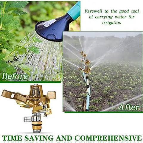 Four Piece 1/2 Inch Heavy Duty Brass Impact Sprinkler Set With Fully Adjustable 360 Degree Rotation spraying water in garden beds.