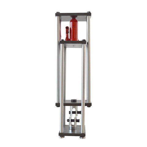 5 Ton Manual Hydraulic Tensile Test Stand With Push Pull Force Gauge And Compression Frame For Material Testing, Built Tough Jack System, Adjustable Stroke 125mm, 240mm Compression Chamber, 120mm Gripping Range. Vertical steel test stand with hydraulic jack