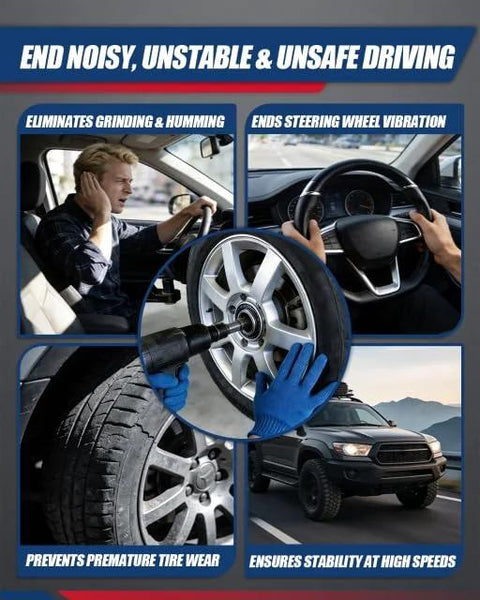 Collage showing benefits of hub bearing assembly, including noise reduction, vibration elimination, and stability at high speeds.