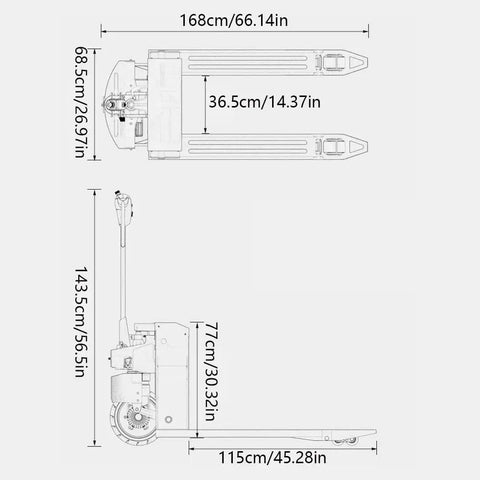 Heavy Duty Electric Pallet Jack With Lithium Battery 6600 Lbs Capacity Fork Truck dimensions showing length, width, height, and operating details.