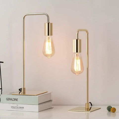 Gold Industrial Desk Lamp With E26 Base For Nightstand And Dorm Rooms, no shade, curved tube design, small metal table light