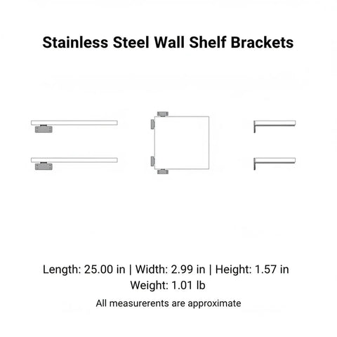 Diagram of heavy duty stainless steel wall shelf brackets for garage, workshop, and bathroom, showing dimensions and design.