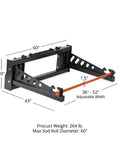 Skid Steer Sod Roller With Adjustable 36in 44in 52in Widths, Universal Quick Tach, Forward And Reverse Install, shown in dimensions.