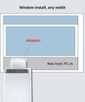 Do It Yourself AC Vent Hose Adapter Plate For Windows And Sliding Doors illustration showing vent installation on window.