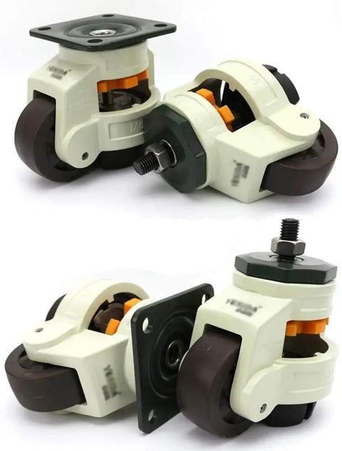Heavy Duty Caster Set With Adjustable Leveling Feet And Slick Quiet Ride Wheels That Glide Smoothly On Hardwood Floors, featuring rubber tires.