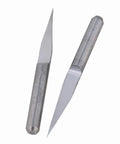 Heavy Duty 1/8 Inch Shank Ten Degree Carbide Cnc Router Bits With Zero Point One Millimeter Precision Tips For Acrylic Mdf Pcb And Two Color Boards Built Tough Runs Slick Makes Cutting A Breeze Pack Of Ten, showing two carbide bits with sharp tips.