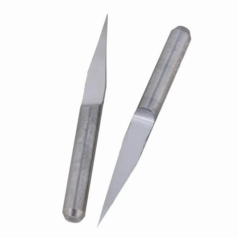 Heavy Duty 1/8 Inch Shank Ten Degree Carbide Cnc Router Bits With Zero Point One Millimeter Precision Tips For Acrylic Mdf Pcb And Two Color Boards Built Tough Runs Slick Makes Cutting A Breeze Pack Of Ten, showing two carbide bits with sharp tips.