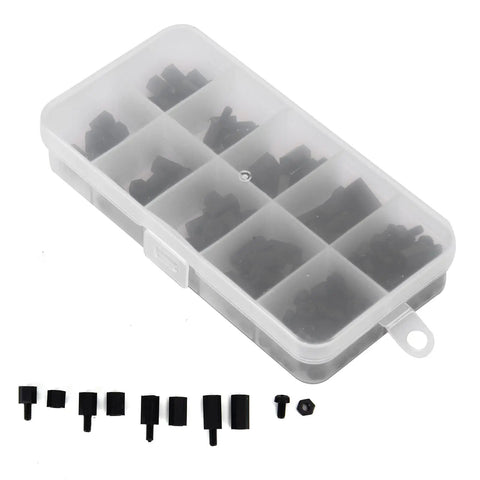 Game Changing M3 Nylon Hex Standoff Screw Nut Kit 180 Piece Assortment in a clear organizer box with assorted black spacers.