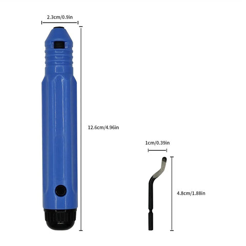 Front view: blue deburring tool with anti-slip handle; 10 BS1010 blades for wood, metal, plastic