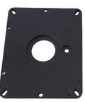 Pro Grade Durable Aluminum Router Lift For Woodworking Tables With Sweet Micro Adjustment Capabilities And Four Insert Rings For Dead Accurate Depth Control, shown from above, black aluminum plate.