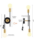 Dimensions of Plug In Two Light Wall Sconce, Black Wall Lamp With Switch, Sleek Modern Vanity Lighting For Bathroom And Bedroom, E26 Base