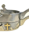 Men's Sweet Iron Praying Cowboy Spurs With Hand Engraved Silver Overlay, Two Inch Raised Shank And One Quarter Inch Ten Point Rowels