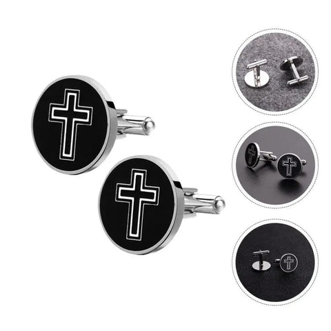 Cross Cufflinks For Men Stainless Steel 2 Pairs Decorative Shirt Fasteners with black polished cross design displayed on grey background.