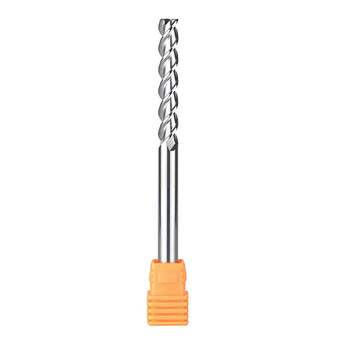 SpeTool 1/4 in shank carbide end mill for aluminum, 3-flute, 3.5 in long, orange holder.