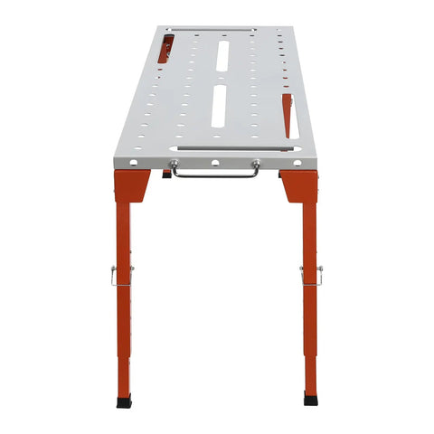 Heavy Duty Steel Welding Table With Adjustable Height And Foldable Legs, Portable Workbench Boasting 1000 Lb Capacity front view showing surface and legs.