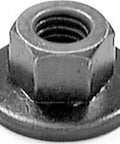 Front view of a silver M6-1.0 free-spinning washer nut with flange, 18mm outer diameter