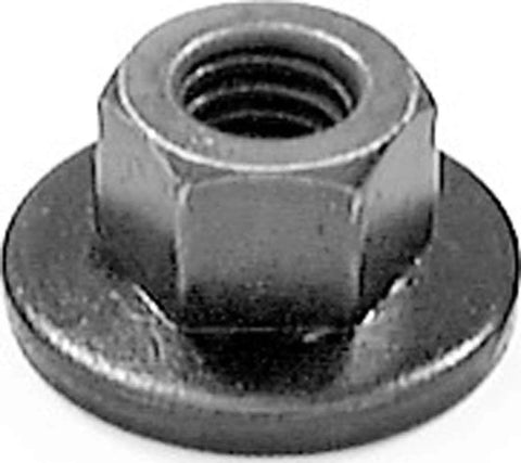 Front view of a silver M6-1.0 free-spinning washer nut with flange, 18mm outer diameter