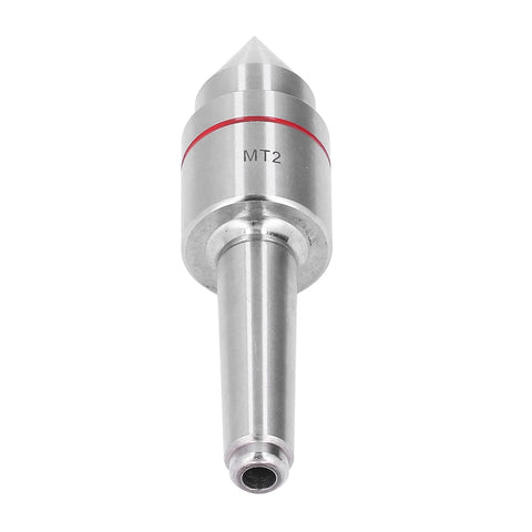 MT2 live center front view with conical tip, high-carbon steel body, red band, Morse MT2 taper.