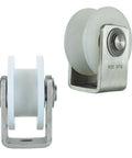 Nylon Sliding Track Roller With V Type Directional Pulley, 304 Stainless Steel Bracket Bearing shown from front and side views