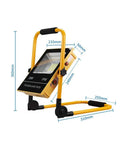 Rugged Rechargeable Led Work Flood Light With Solar Panel And IP65 Weatherproof Design showing dimensions and adjustable stand.