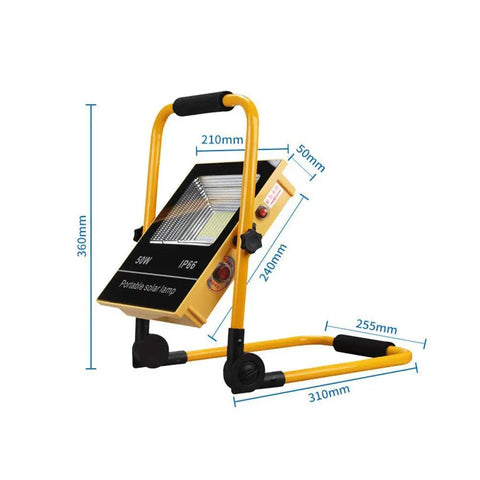 Rugged Rechargeable Led Work Flood Light With Solar Panel And IP65 Weatherproof Design showing dimensions and adjustable stand.